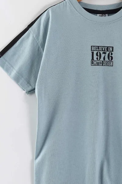 Mavi (7-14 Yaş) Belive 1976 Baskılı   Şerit Çizgili Şortlu Süprem Erkek Çocuk Yazlık Takım 446325