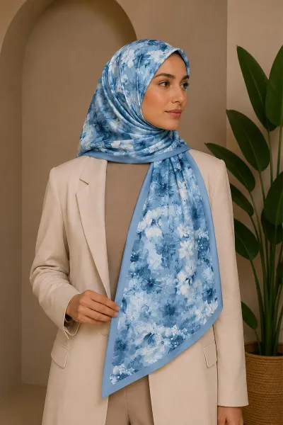 Mavi 70x180 Cm Dijital Baskılı Botanik Desen Soft Şal 482156