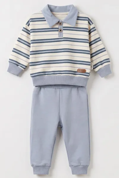 Mavi (9-24 Ay) Çizgili İki İplik Erkek Bebek İkiliTakım 493067