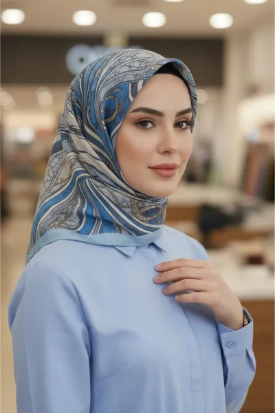 Mavi 90x90 Cm Dijital Baskılı Barok Desen Soft Eşarp 498799