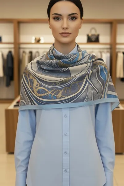 Mavi 90x90 Cm Dijital Baskılı Barok Desen Soft Eşarp 498799