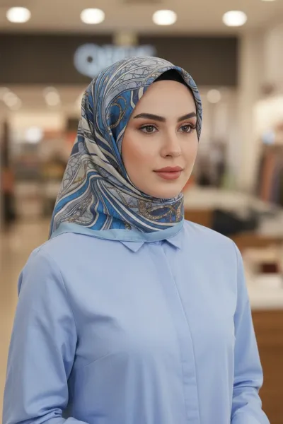 Mavi 90x90 Cm Dijital Baskılı Barok Desen Soft Eşarp 498799