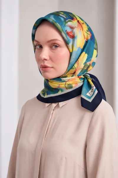 Mavi 90x90 Cm Dijital Baskılı Liliana Desen Soft Eşarp 498485