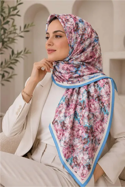Mavi 95x95 Cm Dijital Baskılı Botanik Desen Soft Eşarp 473303