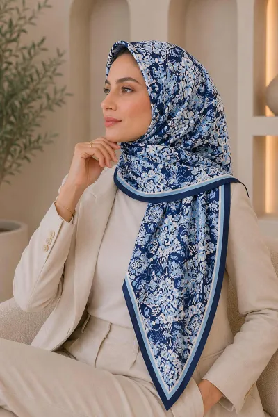 Mavi 95x95 Cm Dijital Baskılı Valencia Desen Soft Eşarp 473339