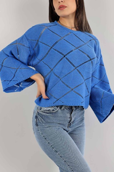 Mavi Ajurlu Crop Triko Kazak 137478