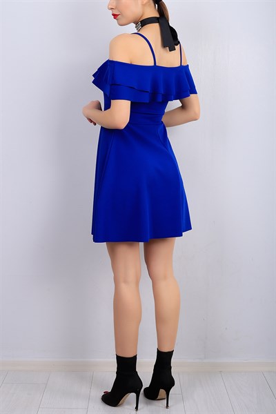 Mavi Askılı Fırfır Yaka Bayan Elbise 13273B