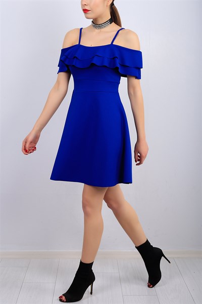 Mavi Askılı Fırfır Yaka Bayan Elbise 13273B