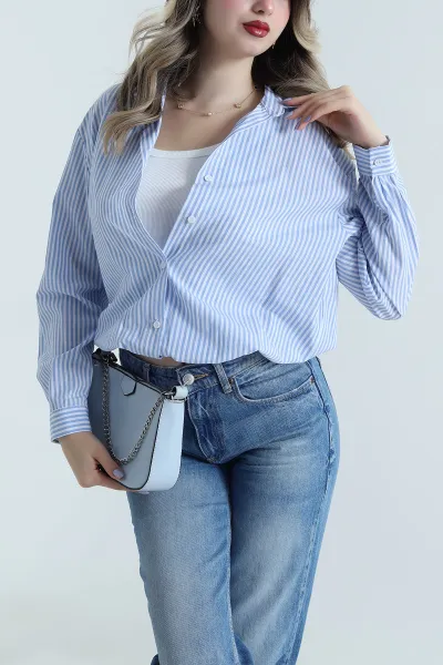 Mavi Atlet Astarlı Çizgili Kadın Poplin Gömlek Bluz 495373