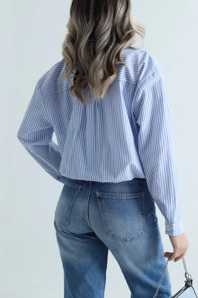 Mavi Atlet Astarlı Çizgili Kadın Poplin Gömlek Bluz 495373