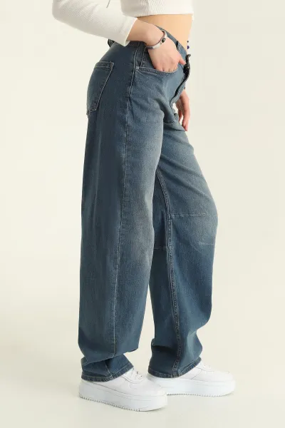 Mavi Baggy Likralı Bayan Kot Pantolon 323884