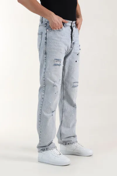 Mavi Baggy Taşlamalı Yırtık Detay Erkek Kot Pantolon 414940