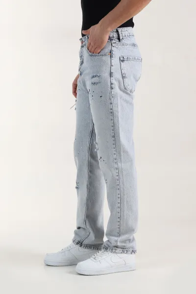 Mavi Baggy Taşlamalı Yırtık Detay Erkek Kot Pantolon 414940