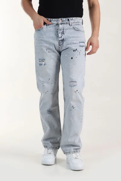 Mavi Baggy Taşlamalı Yırtık Detay Erkek Kot Pantolon 414940