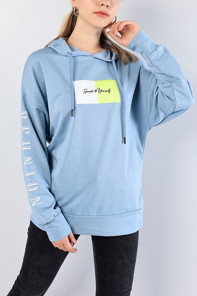 Mavi Baskılı Bayan Kapüşonlu Sweat 81209