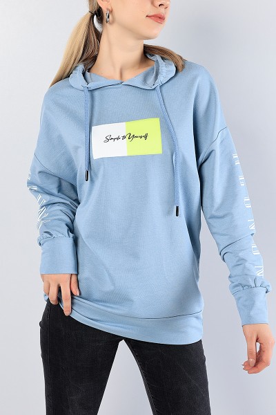 Mavi Baskılı Bayan Kapüşonlu Sweat 81209
