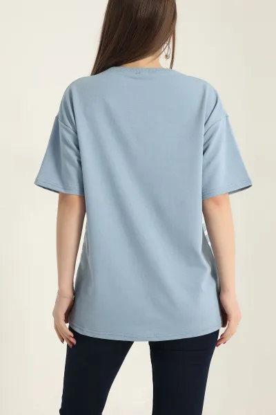 Mavi Baskılı Bisiklet Yaka Oversize Bayan Tişört 337665