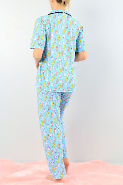 Mavi Baskılı Düğmeli Bayan Pijama Takımı 63873