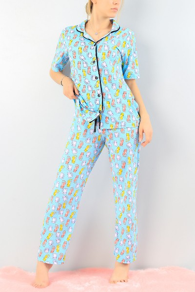 Mavi Baskılı Düğmeli Bayan Pijama Takımı 63873