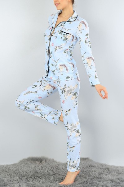 Mavi Baskılı Likralı Bayan Pijama Takımı 45801