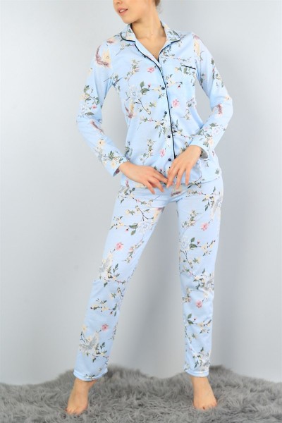 Mavi Baskılı Likralı Bayan Pijama Takımı 45801