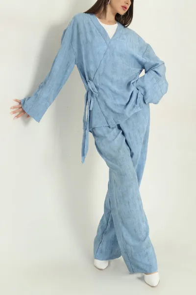 Mavi Batik Pantolon Bluz Keten İkili Takım 354368
