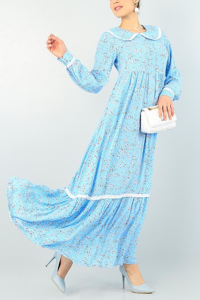 Mavi Bebe Yaka Dantel Detay Dokuma Elbise 66054