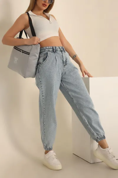 Mavi Bel ve Paça Lastikli Kot Pantolon 237222