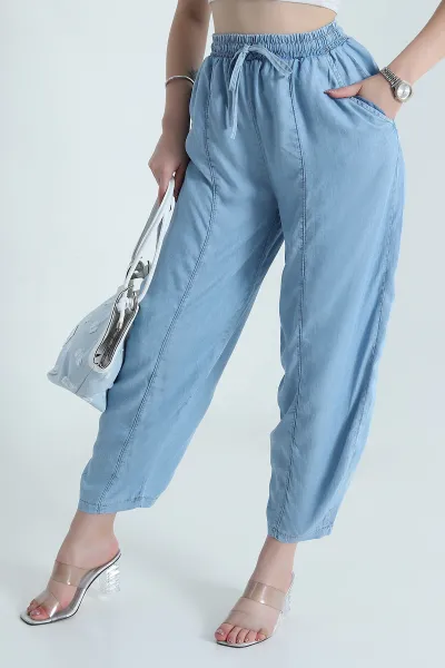 Mavi Beli Lastikli Baggy Kadın Tensel Kot Pantolon 478697