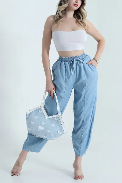 Mavi Beli Lastikli Baggy Kadın Tensel Kot Pantolon 478697