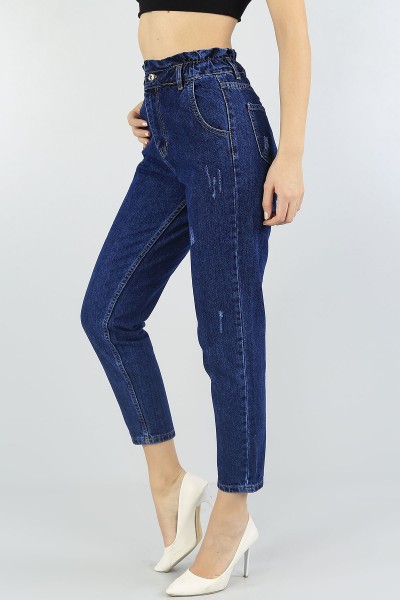 Mavi Beli Lastikli Bayan Mom Kot Pantolon 56492