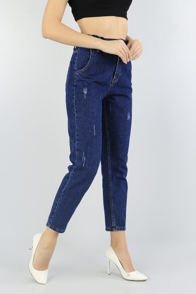 Mavi Beli Lastikli Bayan Mom Kot Pantolon 56492