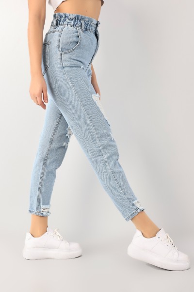 Mavi Beli Lastikli Lazer Kesim Bayan Kot Pantolon 101013