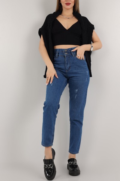 Mavi Beli Lastikli Mom Bayan Kot Pantolon 159006