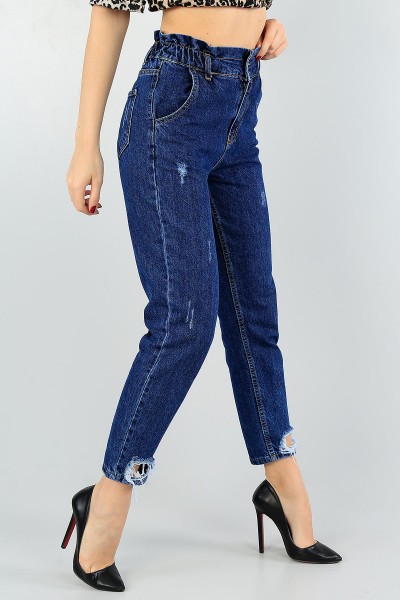 Mavi Beli Lastikli Mom Bayan Kot Pantolon 58146