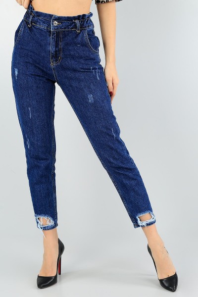 Mavi Beli Lastikli Mom Bayan Kot Pantolon 58146
