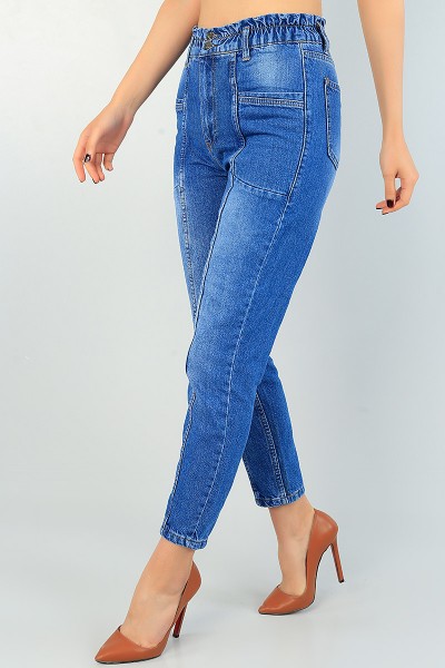 Mavi Beli Lastikli Mom Bayan Kot Pantolon 68604