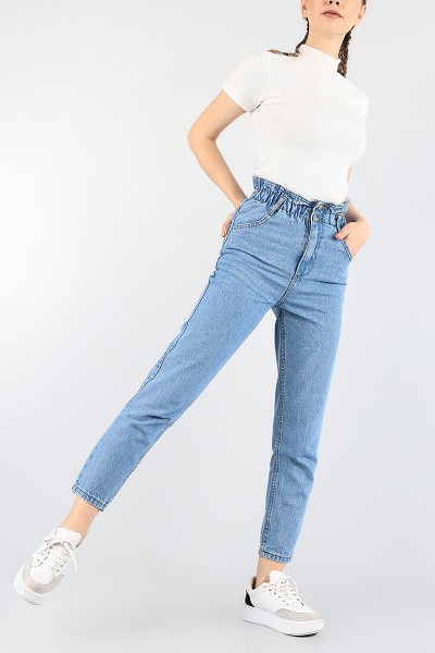 Mavi Beli Lastikli Mom Bayan Kot Pantolon 88601
