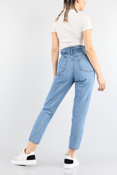 Mavi Beli Lastikli Mom Bayan Kot Pantolon 88601