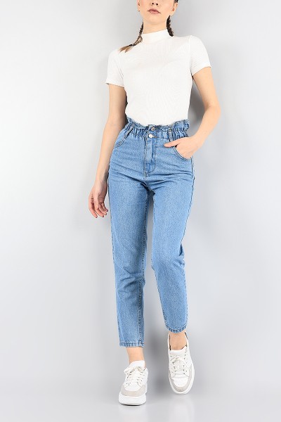 Mavi Beli Lastikli Mom Bayan Kot Pantolon 88601