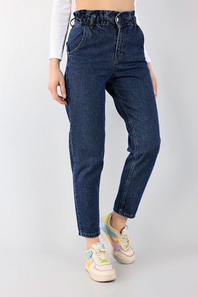 Mavi Beli Lastikli Mom Bayan Kot Pantolon 98439