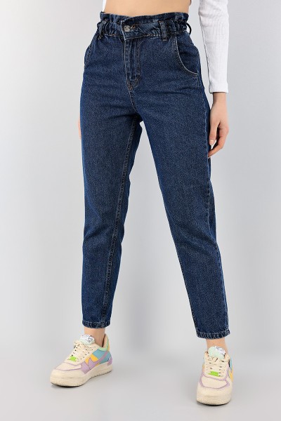 Mavi Beli Lastikli Mom Bayan Kot Pantolon 98439