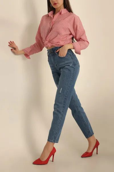 Mavi Beli Lastikli Mom Kot Pantolon 230695