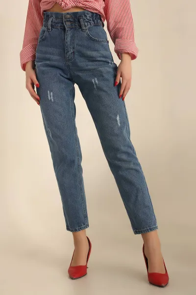 Mavi Beli Lastikli Mom Kot Pantolon 230695