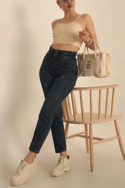 Mavi Beli Lastikli Mom Kot Pantolon 230697