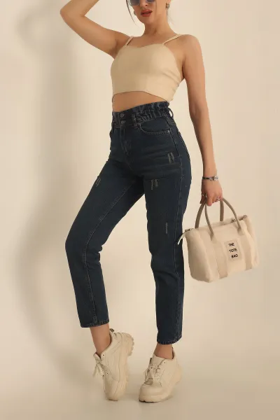 Mavi Beli Lastikli Mom Kot Pantolon 230697