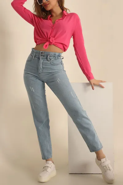 Mavi Beli Lastikli Mom Kot Pantolon 230698