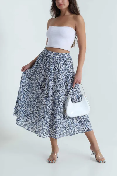 Mavi Beli Lastikli Poplin Dokuma Kadın Etek 479855