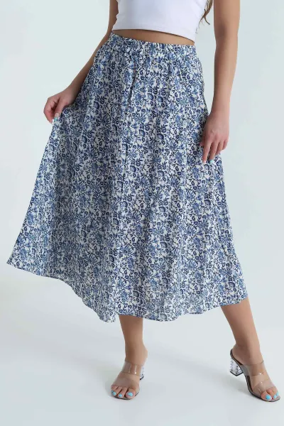 Mavi Beli Lastikli Poplin Dokuma Kadın Etek 479855