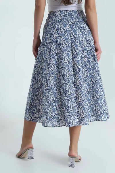Mavi Beli Lastikli Poplin Dokuma Kadın Etek 479855